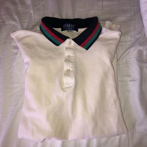 White Polo with Green, Red, and Blue Collar